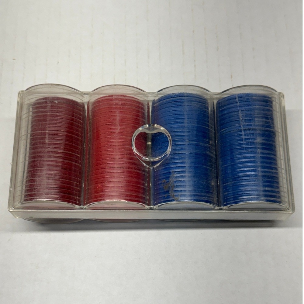Vintage Plastic Poker Chips Set of 99 Blue and Red with Caddy *(Missing 1 Blue)